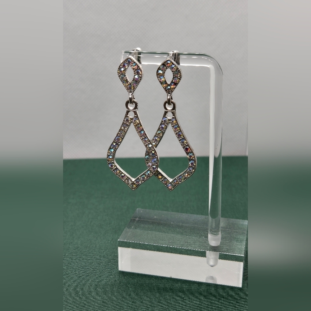 Silver Tone Multicolor AB Rhinestones Drop Earrings - Picture 10 of 16